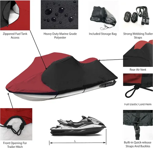 Vista 2 de Trailerable PWC Jetski Watercraft Jet - Funda para esquís de hasta 3 plazas Borgoña/ Negro