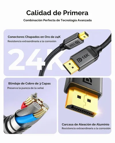 Vista 7 de Silkland Cable Mini DisplayPort a DisplayPort 2.1 de 16 K a 60 Hz, 6.6 pies