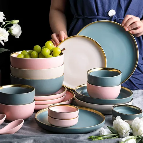 Vista 9 de Plato de cerámica moderno con borde dorado de alta calidad, plato de porcelana elegante para restaurante, juego de platos de cerámica aptos