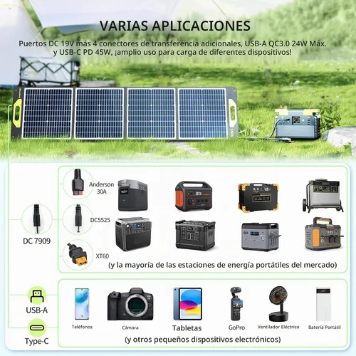 Vista 5 de Greenmagic Panel Solar Portátil de 120W 19V, Kit de Paneles Solares Plegables de 120W con Soportes Ajustables, Impermeable IP65 para Camping