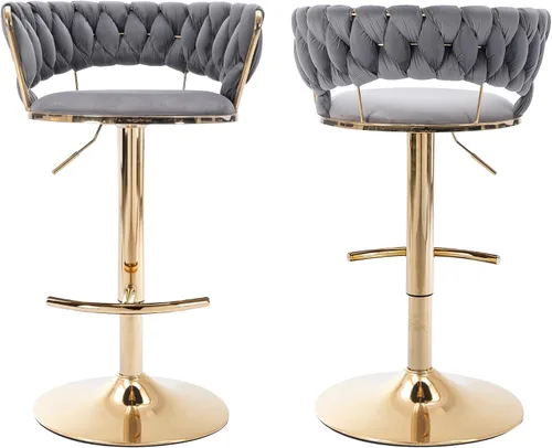 Vista 8 de Juego de 2 taburetes de bar de terciopelo giratorios con base de metal dorado, taburetes de bar modernos de altura de mostrador para cocina, pub