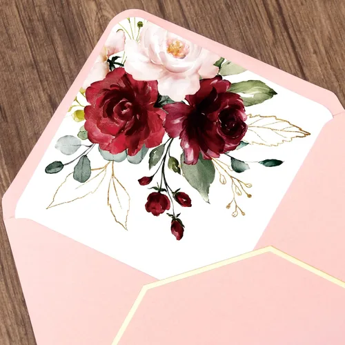 Vista 6 de DORIS HOME 25 invitaciones de boda rosadas con sobres y tarjetas RSVP con rosa burdeos y sobre con borde dorado para compromiso, quinceañera