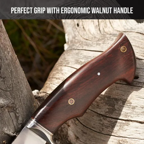 Vista 4 de Predator Hunter D2 Steel - Cuchillo de caza de hoja fija hecho a mano de 10 pulgadas - Mango de madera de nogal y funda de cinturón de cuero