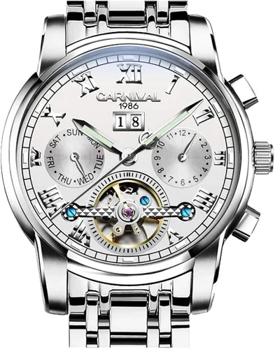 Vista 7 de CARNIVAL Mens tourbillon Automatic Mechanical Watch Silver Stainless Steel Multifunction Blue Watches