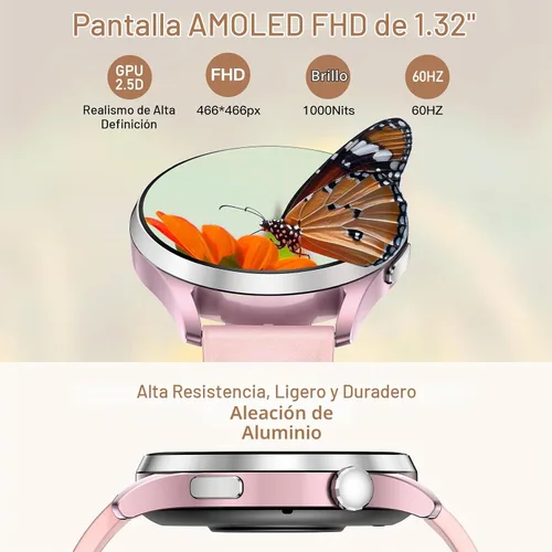 Vista 3 de Kieslect Reloj inteligente para mujer, pantalla AMOLED de 1.32 pulgadas, rastreador de actividad física rosa con función de llamada, más de 170