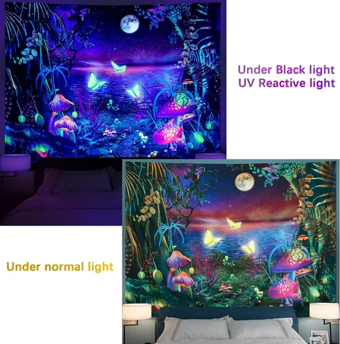 Vista 4 de Serborlur Tapiz de luna de bosque de fantasía, luz negra, reactivo a los rayos UV, mariposa, galaxia, espacial, tapiz para colgar en la pared, telón