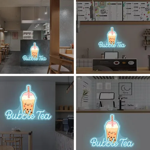Vista 5 de Letrero de Neón de Té de Burbujas, Luz LED de Neón de Té Boba y Leche para Bebidas, Café, Barra de Tienda, Decoración de Pared, Arte Personalizado