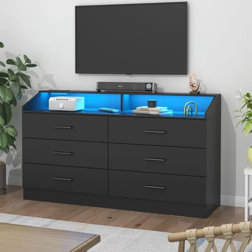 Vista 6 de Cómoda de 6 cajones, cómoda para dormitorio con toma de corriente, cómoda moderna con luz LED, cómoda de almacenamiento con compartimento de Negro