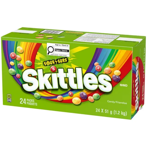Vista 3 de Skittles Caramelo de fruta masticable Sours 1.80 oz x 24pk, sin gluten, sin gelatina, sabores agrios: lima, limón, naranja, fresa, uva