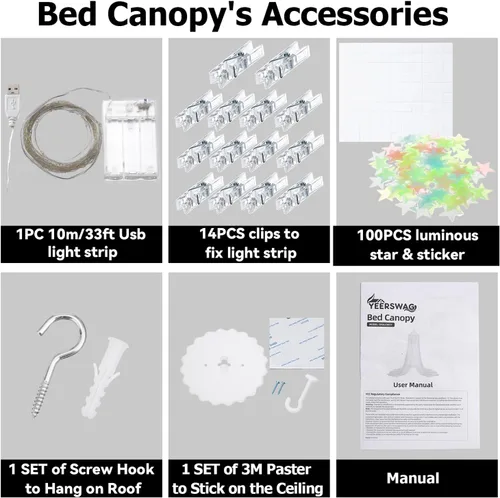 Vista 7 de Dosel de Cama con Luces, Dosel de Cama para Niñas Princesa con Estrellas Luminosas, Cortinas de Cama con Dosel para Camas de Individual a King