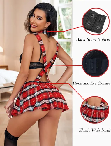 Vista 2 de Avidlove Conjunto de lencería sexy para mujer con corbata y minifalda