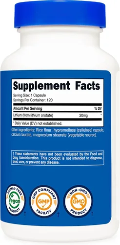 Vista 5 de Nutricost Orotato de litio 20 mg, 120 cápsulas, vegano, sin gluten, sin OMG