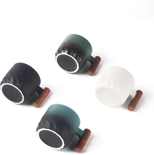 Vista 3 de Zurucily Juego de 2 tazas de espresso de 2 onzas, tazas de espresso de cerámica con asa de madera, tazas de té pequeñas Negro