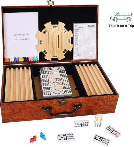 Vista 2 de GOTHINK Juego de dominó doble de 12 trenes mexicanos en estuche de transporte de madera, juego de dominó de puntos de colores para adultos, niños