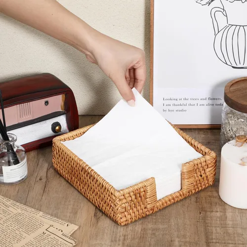 Vista 5 de Servilletero cuadrado de ratán, 7 × 7 × 2.4 pulgadas Servilleteros para servilletas de papel Toallero tejido para invitados, soporte rústico
