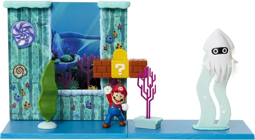 Vista 4 de Super Mario Juego submarino con pieza ambiental interactiva, figura articulada de Mario de 2.5 pulgadas y figura de calamar Blooper. Colecciona