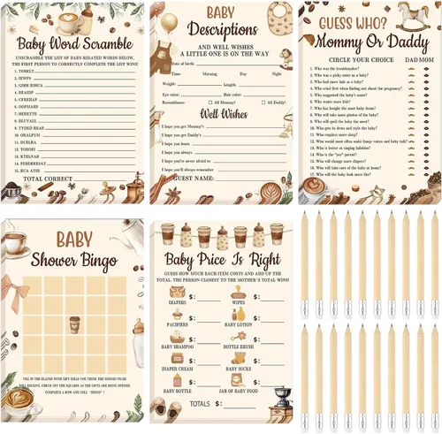 Vista 38 de Yinder 145 tarjetas de actividades para juegos de baby shower con 20 lápices, incluye descripción de bingo para bebés y deseos, adivina quién es