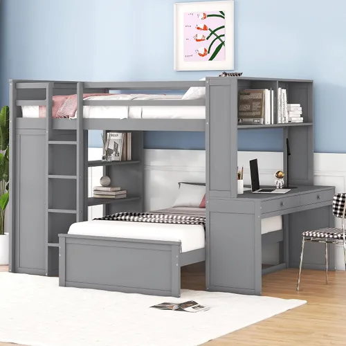 Vista 33 de Cama loft multifuncional de tamaño matrimonial con escritorio integrado, 6 cajones de almacenamiento y estante, marco de cama de madera con escalera