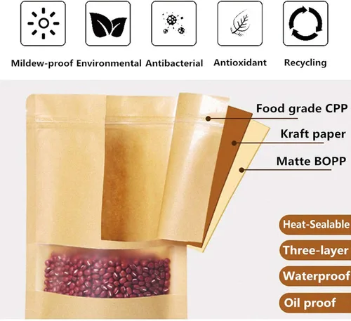 Vista 6 de TYONMUJO 100 bolsas de papel kraft con cierre de cremallera para ventana, bolsas a granel resellables de 3.5 x 5.5 pulgadas