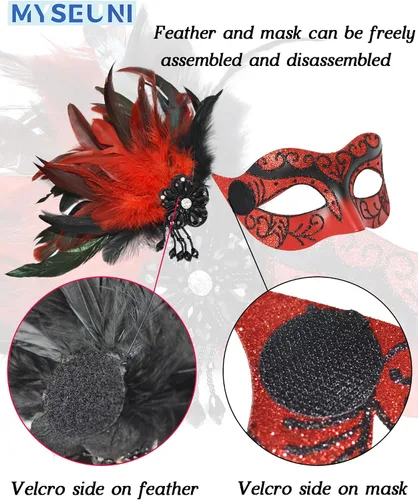 Vista 3 de Máscara roja para parejas, máscaras de máscaras para mujeres con plumas y máscara veneciana para hombre para fiesta de máscaras, Mardi Gras