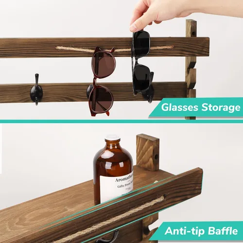 Vista 6 de AMBIRD Ganchos de pared con estante de 73.4 cm Entrada de pared con estante, ganchos para abrigos de madera, perchero de pared con estante