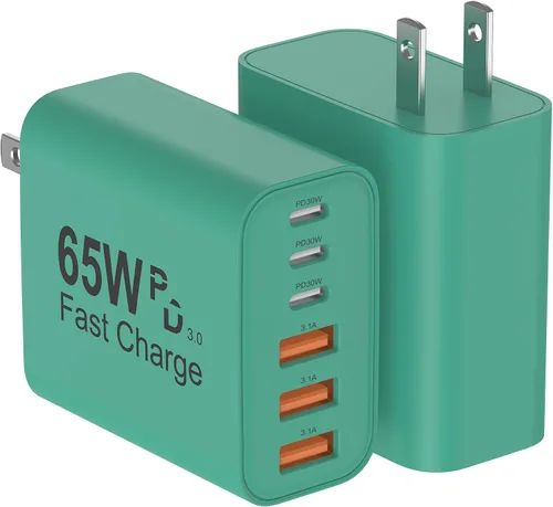 Vista 10 de Bloque de Cargador USB C, Paquete de 2 Cargadores de Pared USB C de 65W con 6 Puertos, Cargador de Pared para iPhone, Adaptador de Corriente PD+QC