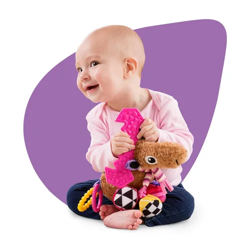 Vista 6 de Juguetes de Lamaze para sujetar en el asiento del coche y el cochecito - Muffin el Muérdago - Juguetes sensoriales arrugados para bebés