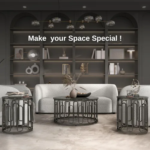 Vista 6 de Furniture of America Davis - Juego de mesa moderno de 3 piezas con parte superior de mármol, patas de metal resistentes y estante abierto para sala