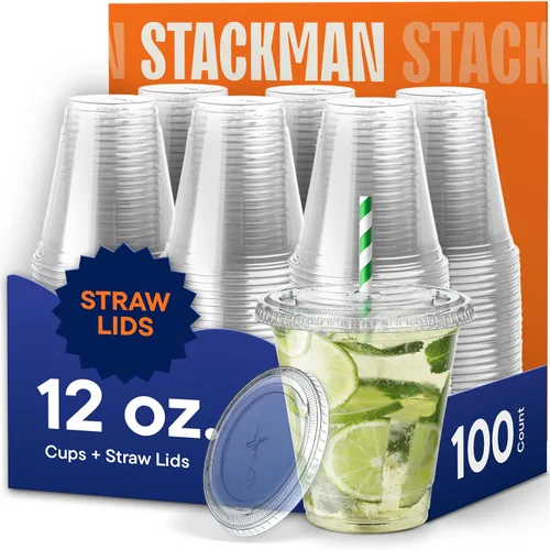 Vista 10 de [100 Juegos - 20 oz.] Vasos de Plástico Transparente con Tapa de Ranura para Pajita, Vasos de Plástico Desechables PET Cristal Transparente de 20