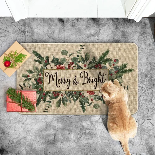 Vista 5 de Artoid Mode Merry&Bright Tapete de Puerta de Navidad con Hojas de Eucalipto y Acebo, Decoración del Hogar de Invierno y Navidad, Alfombra