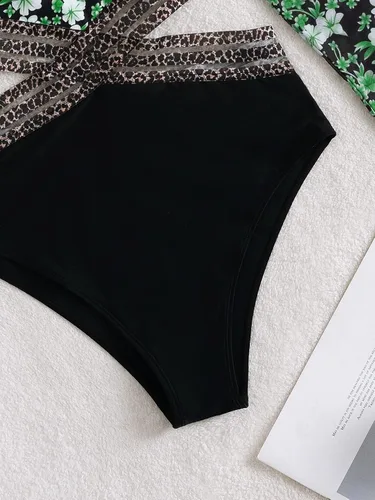 Vista 4 de WDIRARA Traje de baño de una pieza con estampado floral y manga larga con control de abdomen para mujer