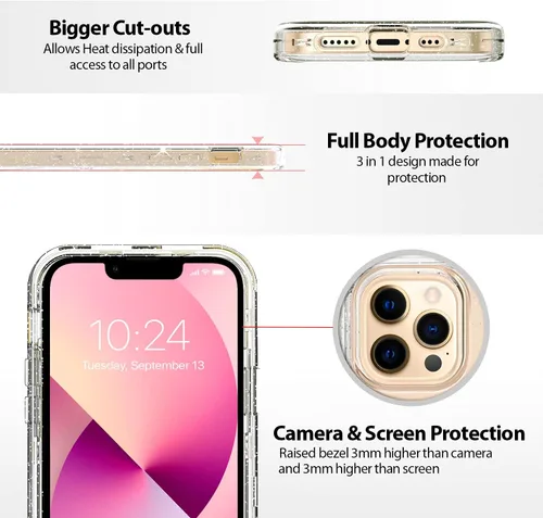 Vista 3 de Funda protectora completa con purpurina cristalina para iPhone 13 Pro Max híbrida 3 en 1, resistente a prueba de golpes, para mujeres y niñas