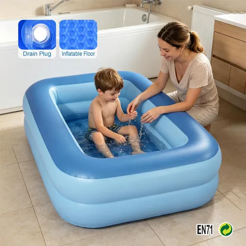 Vista 2 de HIWENA Piscina inflable para niños, 45 x 35 x 14 pulgadas, piscina azul para niños, bañera de verano con suelo suave inflable