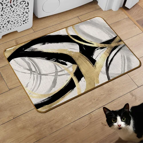 Vista 6 de Tapete abstracto bohemio negro y dorado, moderno, negro, blanco y dorado, antideslizante, para puerta delantera, porche, interior, exterior