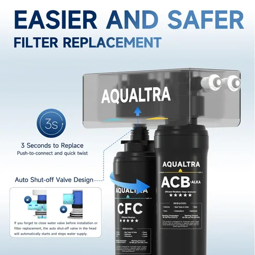 Vista 7 de AQUALTRA USF-2B-10 Sistema de filtro ligeramente alcalino para debajo del fregadero, 20 K Gal, reduce PFOA, PFOS, cloro, plomo, mercurio, cloramina