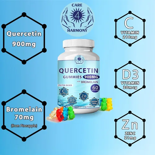 Vista 2 de Paquete de 2 gomitas de quercetina – Quercetina con bromelina vitamina C + zinc vitamina D3 – Quercetina masticable 900 mg suplementos – Quercetina
