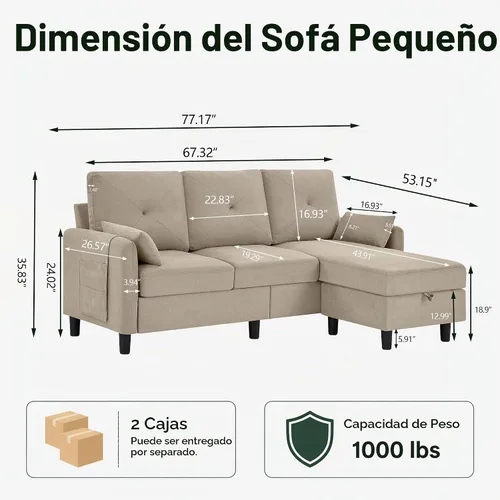 Vista 2 de Sofá modular convertible, pequeño en forma de L de 3 asientos con diván de almacenamiento reversible, sofá moderno de tela de poliéster para sala