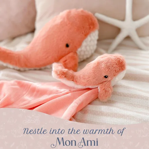 Vista 4 de MON AMI Peluche de ballena coral para bebés, manta de seguridad anudada de 13.5 pulgadas, juguete de felpa suave para bebés, perfecto esencial