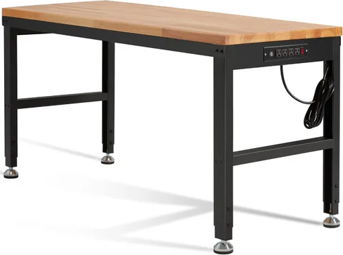 Vista 8 de Haddockway Banco de trabajo ajustable para garaje, mesa de trabajo de madera de caucho de 48" x 24" con tomas de corriente, capacidad de carga