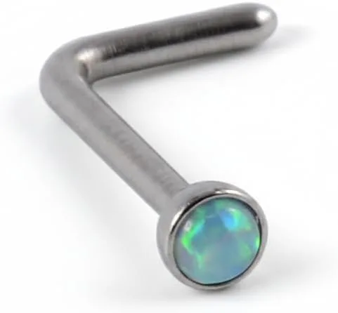 Vista 23 de Piercing para la nariz, calibre 22, relleno de oro de 14 quilates, simple en forma de L con ópalo blanco, pin de nariz de oro único, joyería Negro-L
