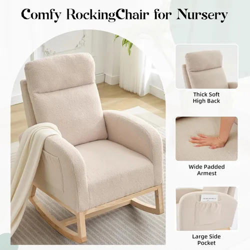 Vista 3 de Mecedora para guardería, moderna mecedora tapizada con bolsillo lateral, respaldo alto, asiento acolchado para sala de estar, guardería, dormitorio