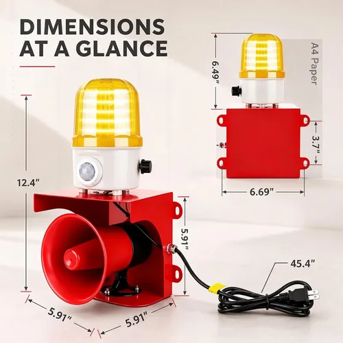 Vista 5 de Alarma con sensor de movimiento AC110V con detección humana, sirena ajustable de 120 dB y luces estroboscópicas LED ámbar, alarma de seguridad al