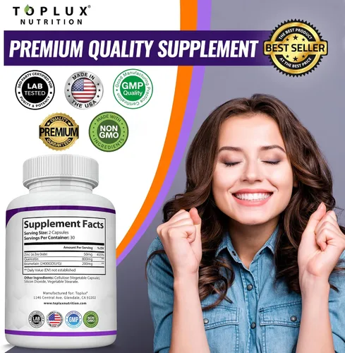 Vista 2 de Toplux Quercetina con bromelina 1200 mg - Suplemento avanzado de apoyo inmunológico, apoya antioxidante, sistema inmunológico, para hombres