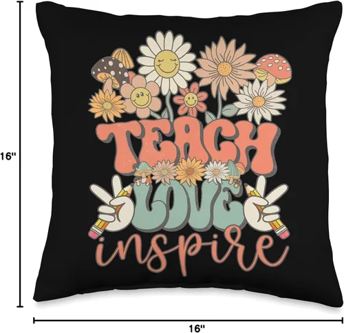 Vista 4 de Groovy Hippie Teacher Gifts First Day Of School Teach Love Inspire - Cojín retro Groovy Daisy para profesor, 16 x 16 pulgadas, multicolor