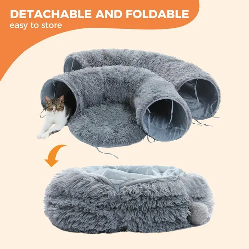 Vista 5 de PAWZ Road Túnel grande para gatos, cama túnel para gatos con alfombrilla central suave y bolas colgantes, tubo plegable de felpa esponjosa
