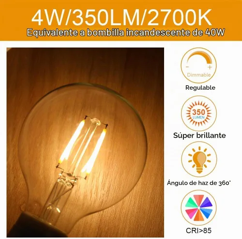Vista 3 de Energetic Lighting Edison - Bombilla LED regulable, globo G25, equivalente a 60 W, luz blanca suave de 2700 K, base norma E26, con certificación UL