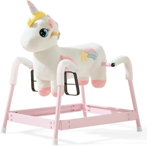 Vista 13 de FUNLIO Caballo mecedor de unicornio para bebé, caballo mecedor de unicornio de hadas arco iris para niños pequeños de 6 meses a 3 años, balancín