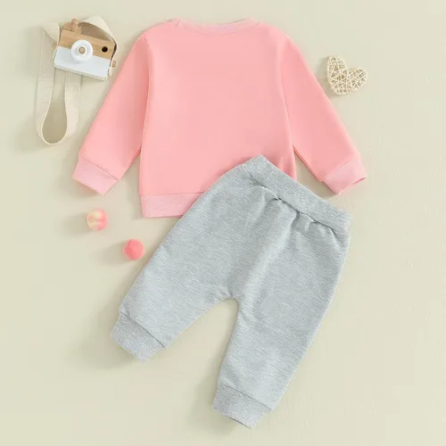 Vista 3 de SOLILOQUY Conjunto de sudadera con cuello redondo y estampado de letras para el día de San Valentín para bebé niño y niña