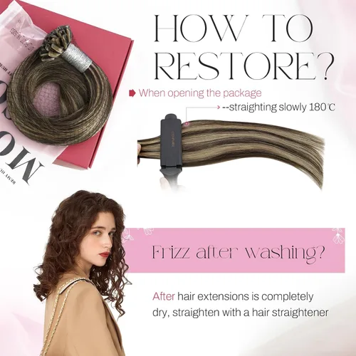 Vista 5 de Moresoo Extensiones de cabello humano con punta K de 24 pulgadas, extensiones de cabello humano con reflejos castaño medio con rubio caramelo