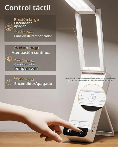 Vista 7 de EZVALO Lámpara de escritorio recargable, batería de 6000 mAh, lámpara de mesa inalámbrica para lectura de libros, mini lámparas plegables y Blanco
